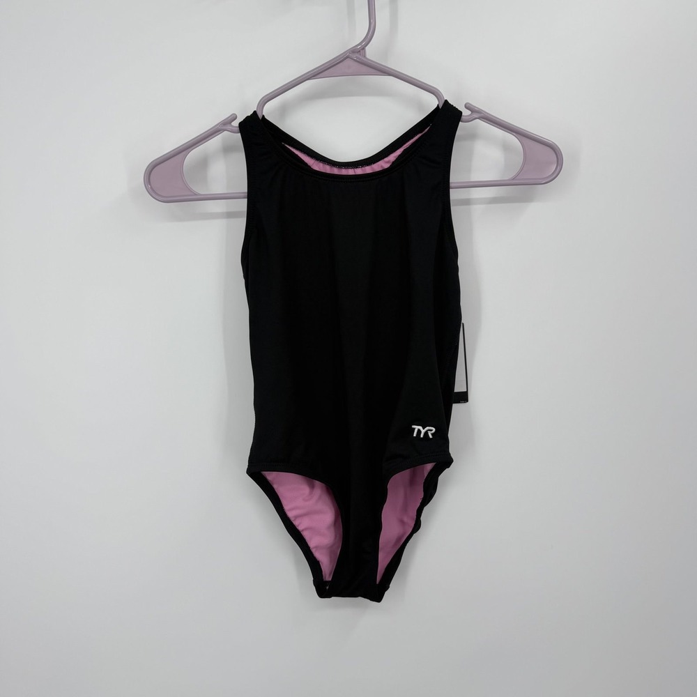 TYR Swimsuit Girls Size M 7/8 Black Solid Maxfit One Piece Team Training NWT